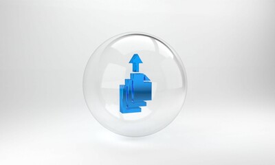 Poster - Blue Data export icon isolated on grey background. Glass circle button. 3D render illustration