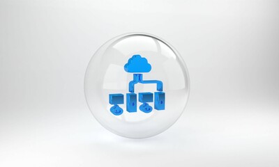 Poster - Blue Computer network icon isolated on grey background. Laptop network. Internet connection. Glass circle button. 3D render illustration