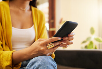 Poster - Sofa, home and hands typing with phone chat, social media or networking connection on mobile app, internet or house wifi. Woman with cellphone technology texting message or communication in lounge