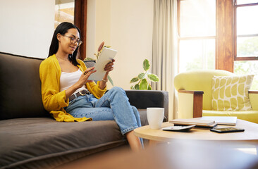 Poster - Woman, networking or communication with tablet on sofa for social media app, search or contact us on website. Technology, female with glasses in house for email, internet or ecommerce shopping