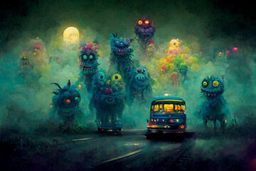 Cute colorful monsters chasing the bus. Funny aliens at the bus stop and riding the bus