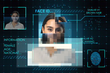 Aufkleber - Biometric and safety concept with personal data of young woman and fingerprint on abstract dark background