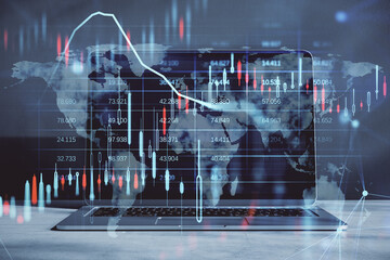 Poster - Close up of laptop computer with glowing candlestick forex chart and map hologram on blurry background. Stock, investment, market and money concept. Double exposure.