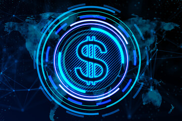 Poster - Creative glowing round dollar icon and map hologram on dark background. Finance, currency and global business technologies concept. 3D Rendering.
