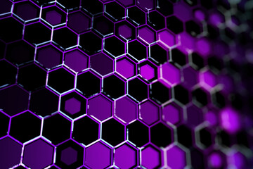 Poster - Creative purple hexagonal backdrop. Technology, design and landing page concept. 3D Rendering.
