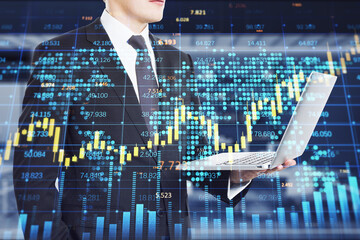 Aufkleber - businessman hand holding laptop with creative forex chart with candlestick graph, index and tech hologram on blurry office interior background. Trade, stock, and finance concept. Double exposure.