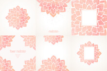 Set Of Templates Or Backgrounds, Frames With Watercolor Floral Pattern, Pink Lotus Flower Mandala