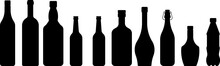 Set Of Bottles With Alcohol. Black Silhouette Of A Vessel For Various Types Of Drinks. Wine, Beer, Rum, Whiskey, Liquor, Cognac. Black Illustration On White Background.