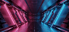 Blue And Pink Spaceship Interior With Neon Lights On Panel Walls. Futuristic Corridor In Space Station Background. 3d Rendering