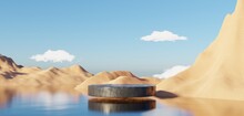 Abstract Dune Cliff Sand With Metallic Podium Stand Platform. Surreal Desert Natural Landscape Background. Scene Of Desert With Glossy Metallic Arches Geometric Design. 3D Render.