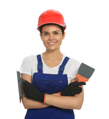 Poster - Professional worker with putty knives in hard hat on white background