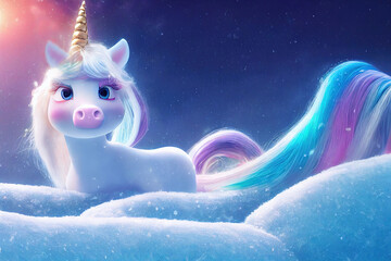 Wall Mural - Rainbow Baby Unicorn. Adorable Cute Animal Characters. Fantasy Backdrop Concept Art Realistic Illustration Video Game Background Digital Painting CG Artwork Scenery Artwork Serious Book Illustration
