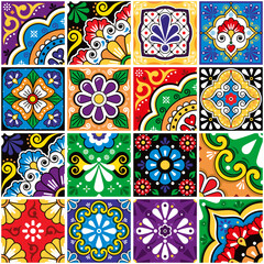 Wall Mural - Mexican tiles big set collection, talavera ornaments vector seamless design with flowers and swirls
