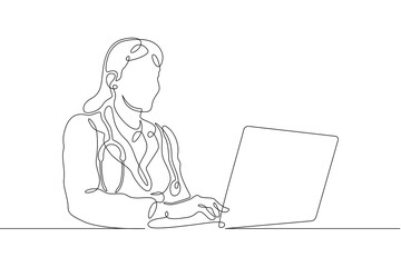 Poster - one continuous line. portrait of a doctor with a laptop. therapist doctor. the doctor works at the c