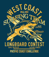 West Coast longboard surfing shark team vector print for boy t shirt grunge effect in separate layers