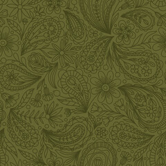  LIGHT OLIVE VECTOR SEAMLESS BACKGROUND WITH OLIVE PAISLEY CONTOUR PATTERN