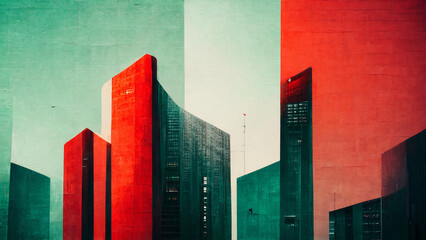 Abstract Illustration, green and red, architecture 