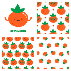 Wall Mural - Cute cartoon style persimmon character and set, collection of three persimmons vector seamless pattern backgrounds. 
