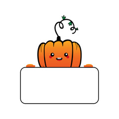 Wall Mural - Cute doodle style pumpkin character holding in hands blank card, banner.
