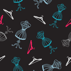 Fashion modern seamless pattern with doodle clothes hangers. Vector background.