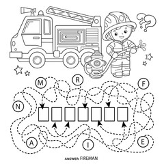 Poster - Maze or Labyrinth Game. Puzzle. Tangled road. Coloring Page Outline Of cartoon fireman or firefighter with fire truck. Fire fighting. Coloring book for kids.