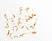 Gold Confetti And Ribbon Background, Isolated On Transparent Background