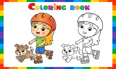 Wall Mural - Coloring Page Outline Of cartoon girl on the roller skates with a dog. Coloring book for kids