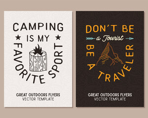 Wall Mural - Camping flyer templates. Travel adventure posters set with line art and flat emblems and quotes - camp is my favorite sport with campfire. Summer A4 cards for outdoor parties. Stock