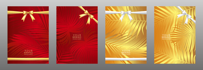 Holiday cover design set. Luxury red, gold background with ribbon (bow). Elegant tropical vector collection template with palm branch (golden leaf) print for wedding invitation, greeting or gift card