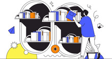 Cloud Library Web Concept In Flat Outline Design With Character. Man Reading E-books And Storage On Laptop Using Cloud Technology. Online Education And E-learning, People Scene. Illustration.
