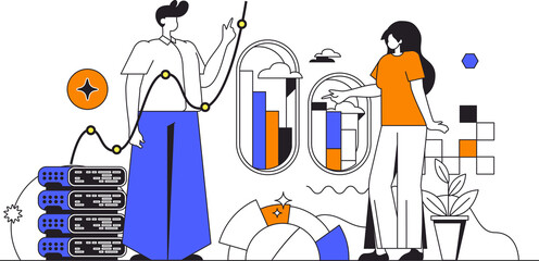 Leinwandbilder - Big data web concept in flat outline design with characters. Man and woman analyzes statistics and researches graphs, working with databases. Planning and strategy people scene. Illustration.