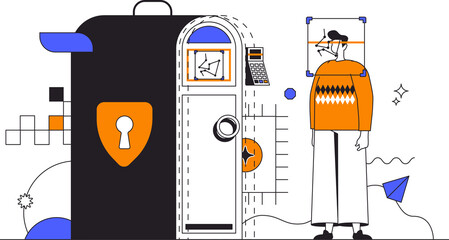Aufkleber - Biometric control web concept in flat outline design with character. Man uses secure access to enter, scanner scans his face and asks for password. Data security people scene. Illustration.