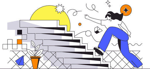 Fototapete - Career opportunity web concept in flat outline design with character. Woman is looking for new projects and climbing career ladder. Leadership and aspiration, people scene. Illustration.