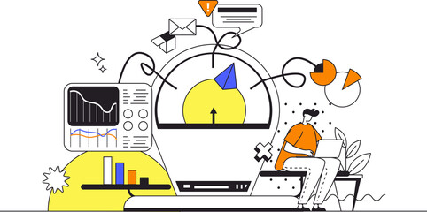 Financial management web concept in flat outline design with characters. Man counting money and analyzing budget, studying statistics, making marketing research, people scene. Illustration.