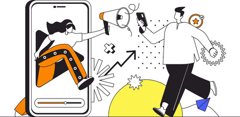 Poster - Mobile marketing web concept in flat outline design with characters. Woman with megaphone making advertising campaign in applications and attract new customers, people scene. Illustration.