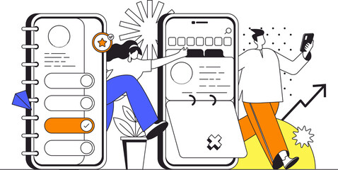 Poster - Mobile organizer web concept in flat outline design with characters. Woman and man organizes time and tasks in app, make to-do lists, marks meetings on calendar, people scene. Illustration.