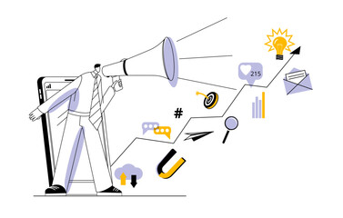 Aufkleber - A man shouts into a megaphone from a smartphone and an arrow with elements of social media marketing. Vector illustration on the topic of promotion in social networks.