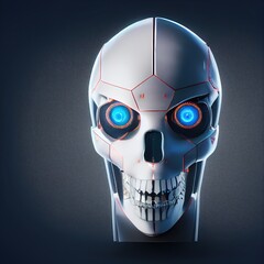 Aufkleber - Artificial intelligence with a scary face in the form of a skull for Halloween. The head is a robot skull with glowing eyes. 3d illustration