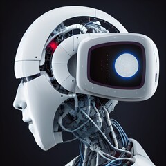 Poster - Robot cybernetic. Face cyborg opened for installation cybernetic artificial intelligence processor. 3d illustration