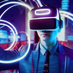 Aufkleber - A man in a futuristic VR AR 3d headset in a virtual reality simulation in the metaverse in a cyberpunk-style suit. 3d illustration