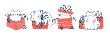 Draw Funny Cats With Gift Boxes For Christmas And Winter Vector Illustration Character Collection Funny Cats For Christmas And New Year. Doodle Cartoon Style.