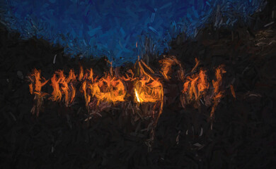 Fototapete - men dancing at night by the fire, man ceremony.