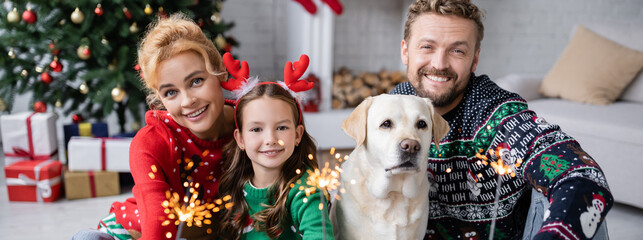 Happy family in christmas sweaters holding sparklers near labrador at home, banner