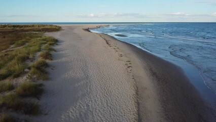 Wall Mural - Drone view of the beautiful beach covered in grass under the blue cloudy sky in Skagen, Denmark