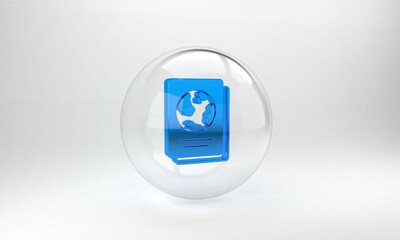 Poster - Blue Passport with biometric data icon isolated on grey background. Identification Document. Glass circle button. 3D render illustration
