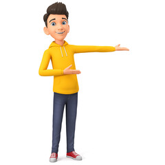 Sticker - Cartoon character cheerful guy points with his hands to an empty space. 3d render illustration.