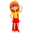 Cartoon character girl in a super hero costume shows his muscles. 3d render illustration.