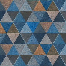 Abstract Blue Brown Triangular Cement Stone Mosaic Tiles, Tile Mirror Or Wallpaper Texture With Geometric Hexagon Triangles Background Square Pattern.