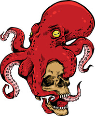 Wall Mural - Octopus is squeezing a skull art tattoo poster unique style original work colored