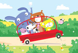 Fototapeta Pokój dzieciecy - Cartoon vector illustration of some cute fun happy animals riding in a car driven by a cool cat
